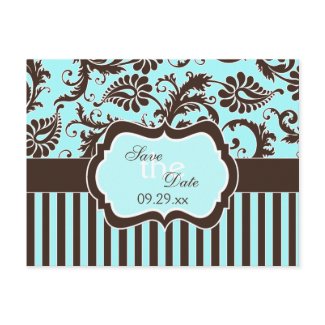 Aqua White Brown Striped Damask Save the Date Card postcard