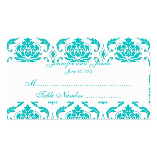 Aqua White Damask Wedding Place Card Business Card (front side)