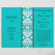 Aqua White Damask Wedding Program