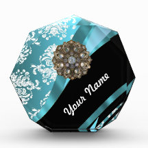 Aqua & white damask with faux crystal gem acrylic award