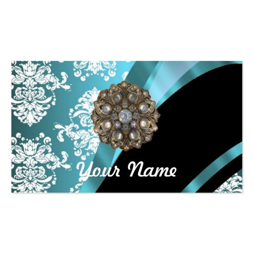 Aqua & white damask with faux crystal gem business card (front side)