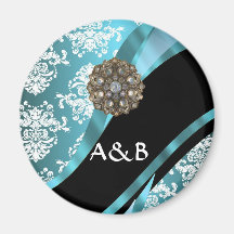 Aqua & white damask with faux crystal gem fridge magnets