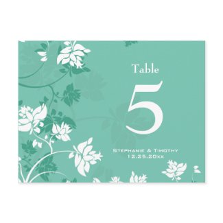 Aqua white floral swirls wedding table number postcard