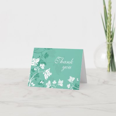 Aqua white floral swirls wedding thank you card