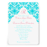 Aqua, White, Red Damask Monogrammed Invite