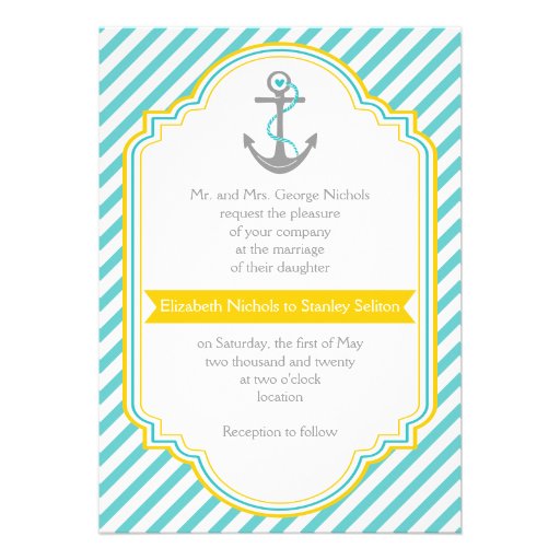 Aqua, white stripes & anchor nautical wedding custom announcements