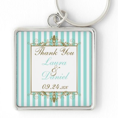 Aqua, White Stripes Gold Scrolls Wedding Favor Keychain by NiteOwlStudio