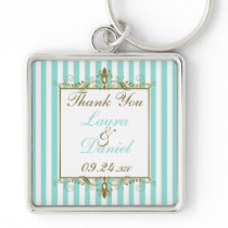 Aqua, White Stripes Gold Scrolls Wedding Favor Keychain