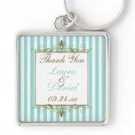 Aqua, White Stripes Gold Scrolls Wedding Favor Keychain