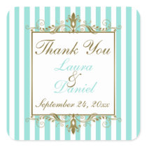 Aqua, White Stripes Gold Scrolls Wedding Favor Square Sticker