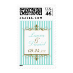 Aqua, White Stripes Gold Scrolls Wedding Postage