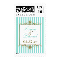 Aqua, White Stripes Gold Scrolls Wedding Postage