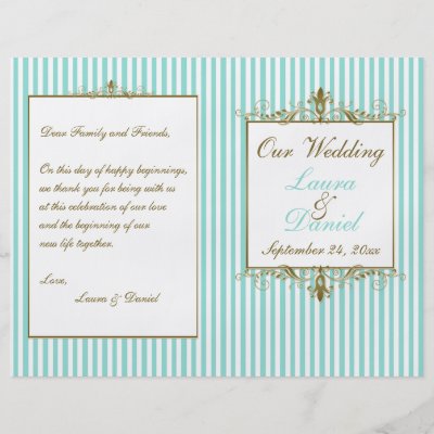 Aqua White Stripes Gold Scrolls Wedding Program Flyer by NiteOwlStudio