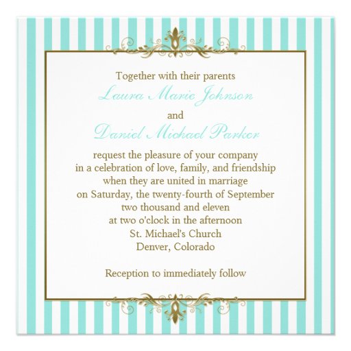 Aqua, White Stripes with Gold Scrolls Invitation