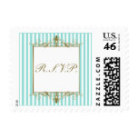 Aqua, White Stripes with Gold Scrolls RSVP Postage