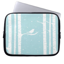 Aqua Winter Birch Trees and Bird Laptop Sleeves