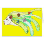 aqua, woman, card, yellow, hair, flowers, drawing,