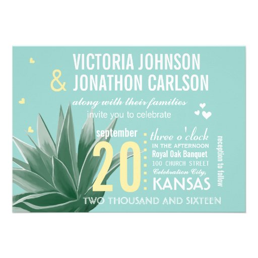 Aqua Yellow Succulent ModernTypography Wedding Custom Invitation