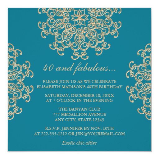 AQUAMARINE BLUE AND GOLD INDIAN INSPIRED BIRTHDAY PERSONALIZED INVITES (front side)