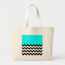Aquamarine-Blue-On-Black-&-White-Zigzag-Pattern Tote Bags