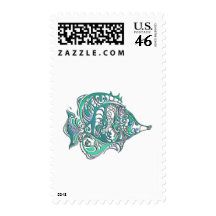 Aquamarine Fantasy Swirly Fish Postage Stamp