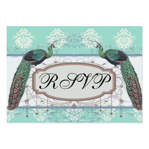 aquamarine green and cream peacock damask business cards (front side)