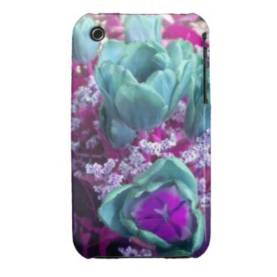 Aquamarine N Purple Tulips iPhone 3 case by minx267