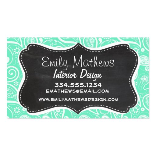 Aquamarine Paisley; Retro Chalkboard Business Card Template (front side)