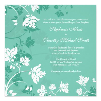 Aquamarine white floral swirls wedding invitation