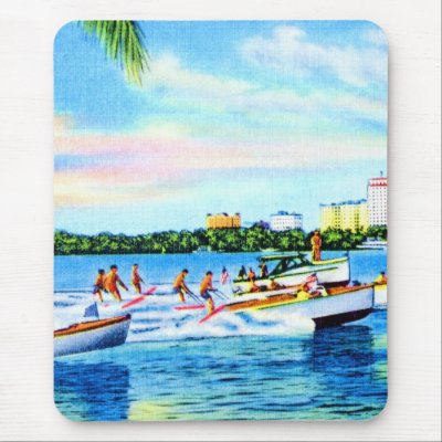 Aquaplaning on Biscayne Bay, Miami, Florida Mousepads by VintagerieEphemera