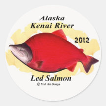 ARASKA Kenai River Red Salmon   < HOKKAIDO JAPAN Round Stickers