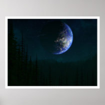 planetscape, earth, dark, forest, night, green, blue, black, digital realism, Poster with custom graphic design