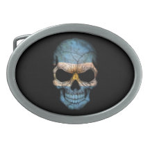Argentinian Flag Skull on Black Oval Belt Buckle