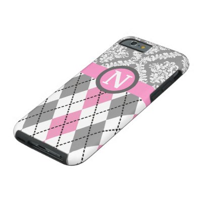 Argyle and damask pattern pink, grey monogram tough iPhone 6 case