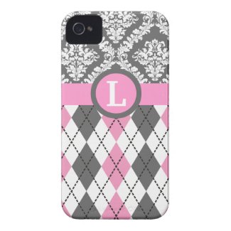 Argyle and damask pattern pink, yellow monogram iPhone 4 Case-Mate cases