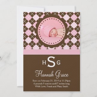 Argyle Baby Announcement Cards w/matching Envelope invitation