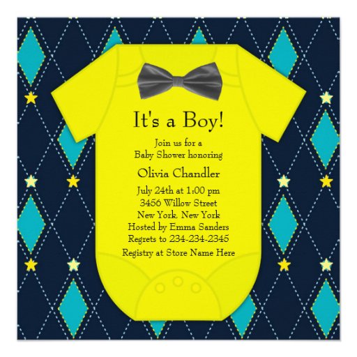 Argyle Blue Yellow Baby Boy Shower Custom Announcement
