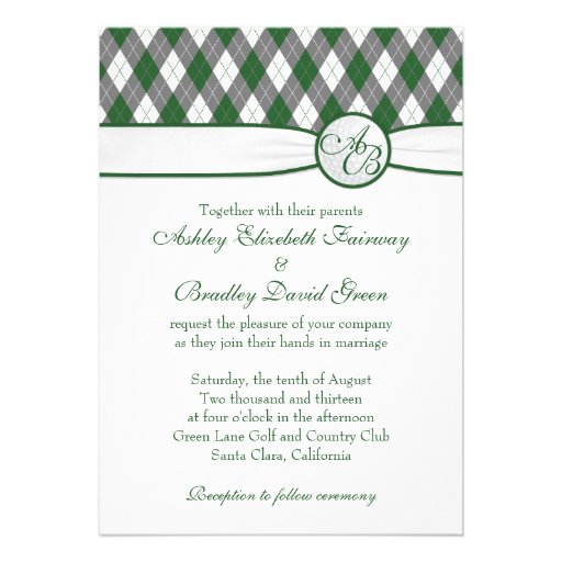 Argyle Golfball Golfing Green Monogram Wedding Personalized Invites