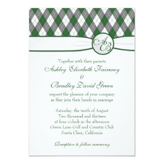 Argyle Golfball Golfing Green Monogram Wedding 5" X 7" Invitation Card