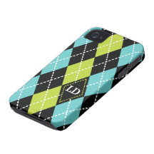 Argyle pattern black, aqua, green monogram iPhone 4 covers