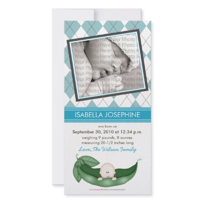 Argyle Pea in a Pod Baby Birth Announcement: blue Photo Greeting Card by BabyShoppe