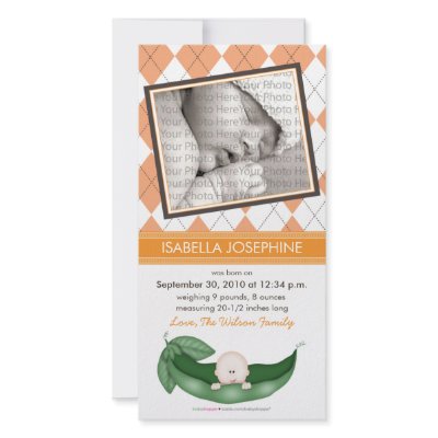 Argyle Pea in a Pod Baby Birth Announcement orange Photo Card Template by BabyShoppe