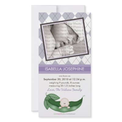 Argyle Pea in a Pod Baby Birth Announcement purple Photo Cards by BabyShoppe