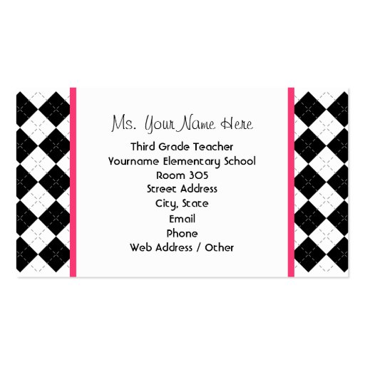 Argyle Pink Schoolhouse Teacher Business Card (back side)