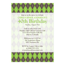 Argyle Plaid Brown Green Golf Golfing 0th Birthday Invites