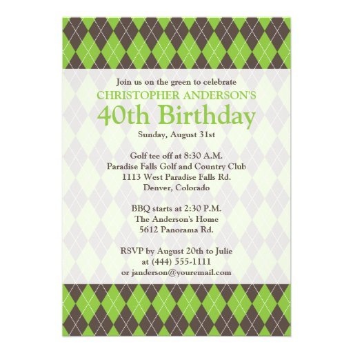 Argyle Plaid Brown Green Golf Golfing 0th Birthday Invites (front side)