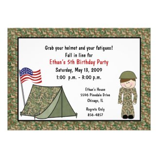 Army Boy and Tent Invitations: Brunette Hair