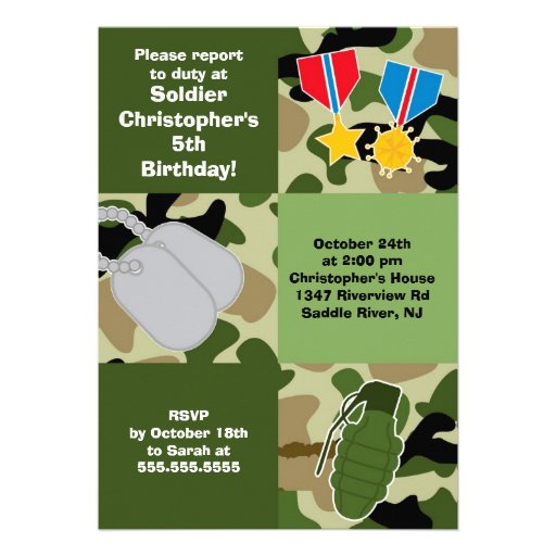 Army Camouflage Soldier Kids Birthday Party Personalized Invitation