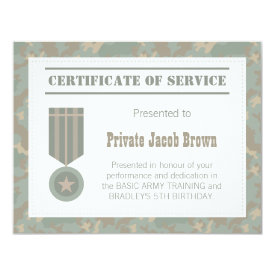 Army Certificate of Service Thank You Appreciation 4.25x5.5 Paper Invitation Card