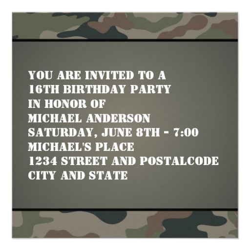 Army Style Sweet 16 Birthday Party Invitation